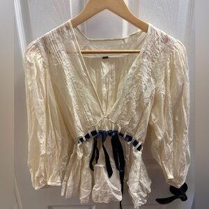 Free People Cream Blouse with Navy Ribbon